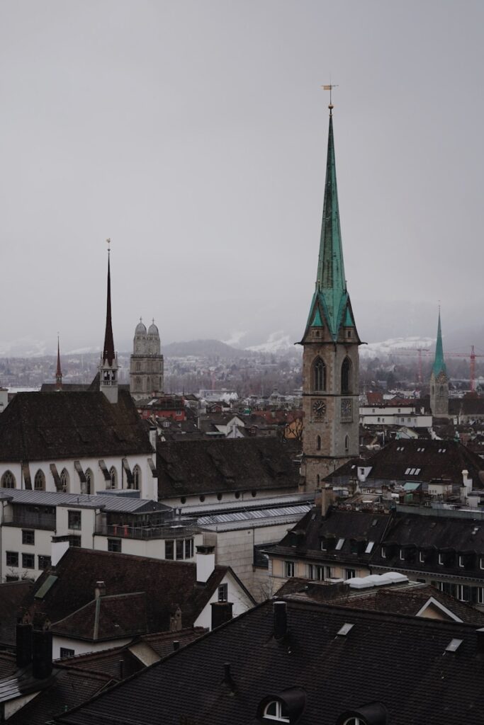 a view of a city with a clock tower